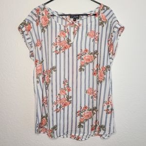 Striped Floral Short Sleeve Blouse